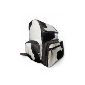 Black White Cowhide Leather Backpack Handmade Travel Bag - 2