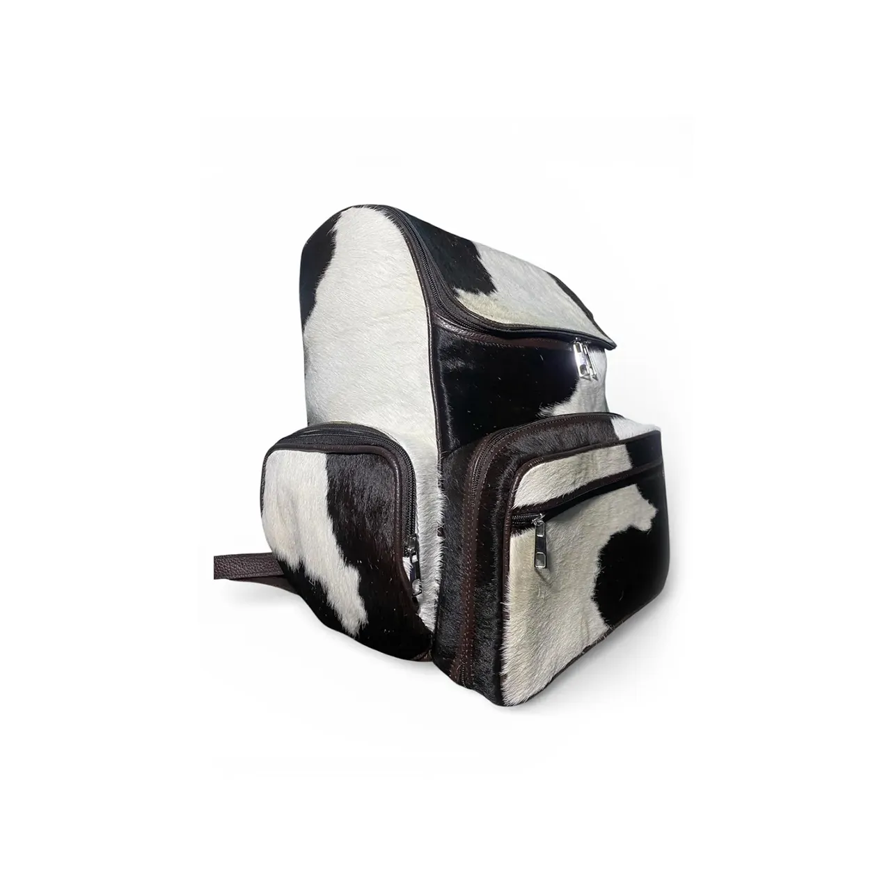 Black White Cowhide Leather Backpack Handmade Travel Bag - 2
