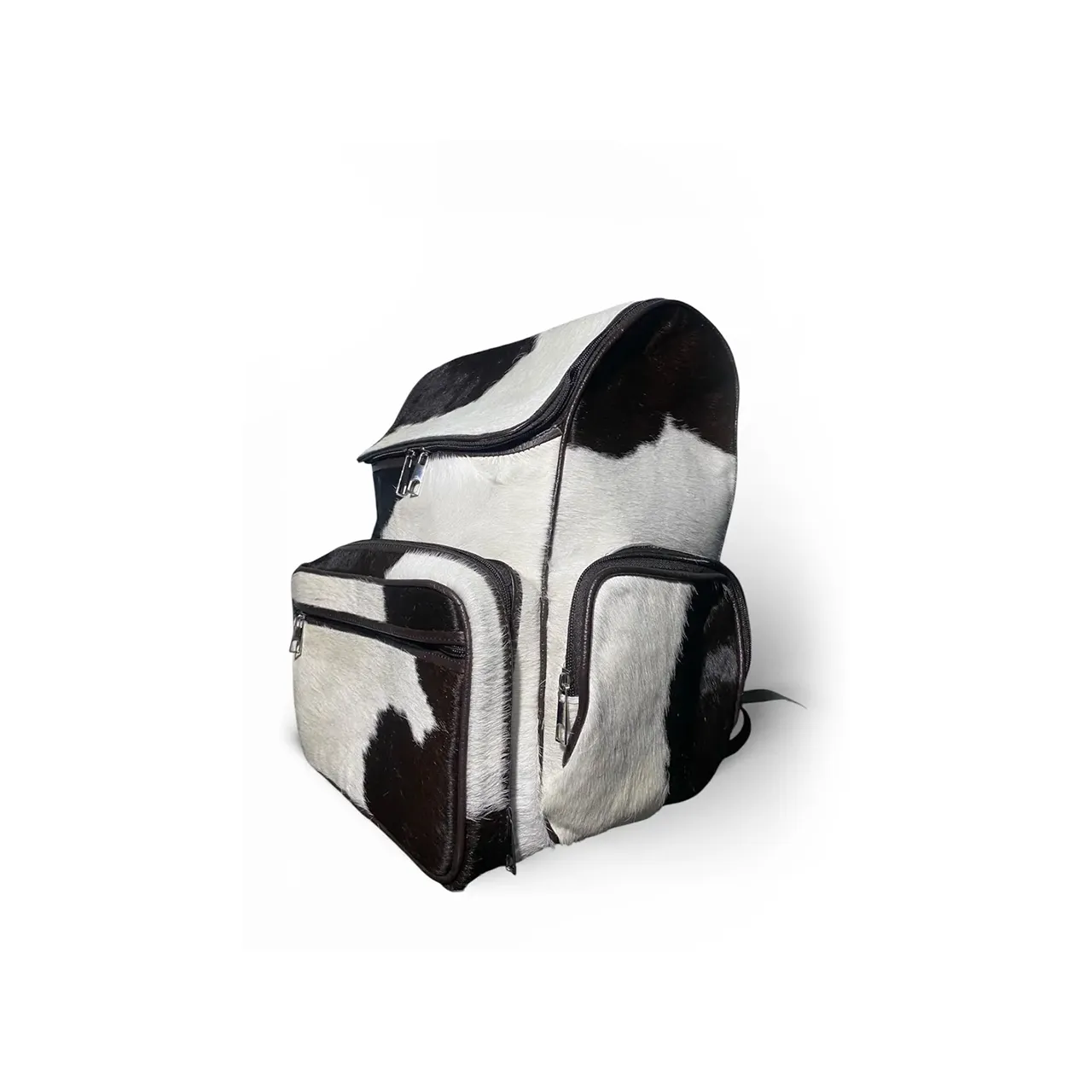 Black White Cowhide Leather Backpack Handmade Travel Bag - 3