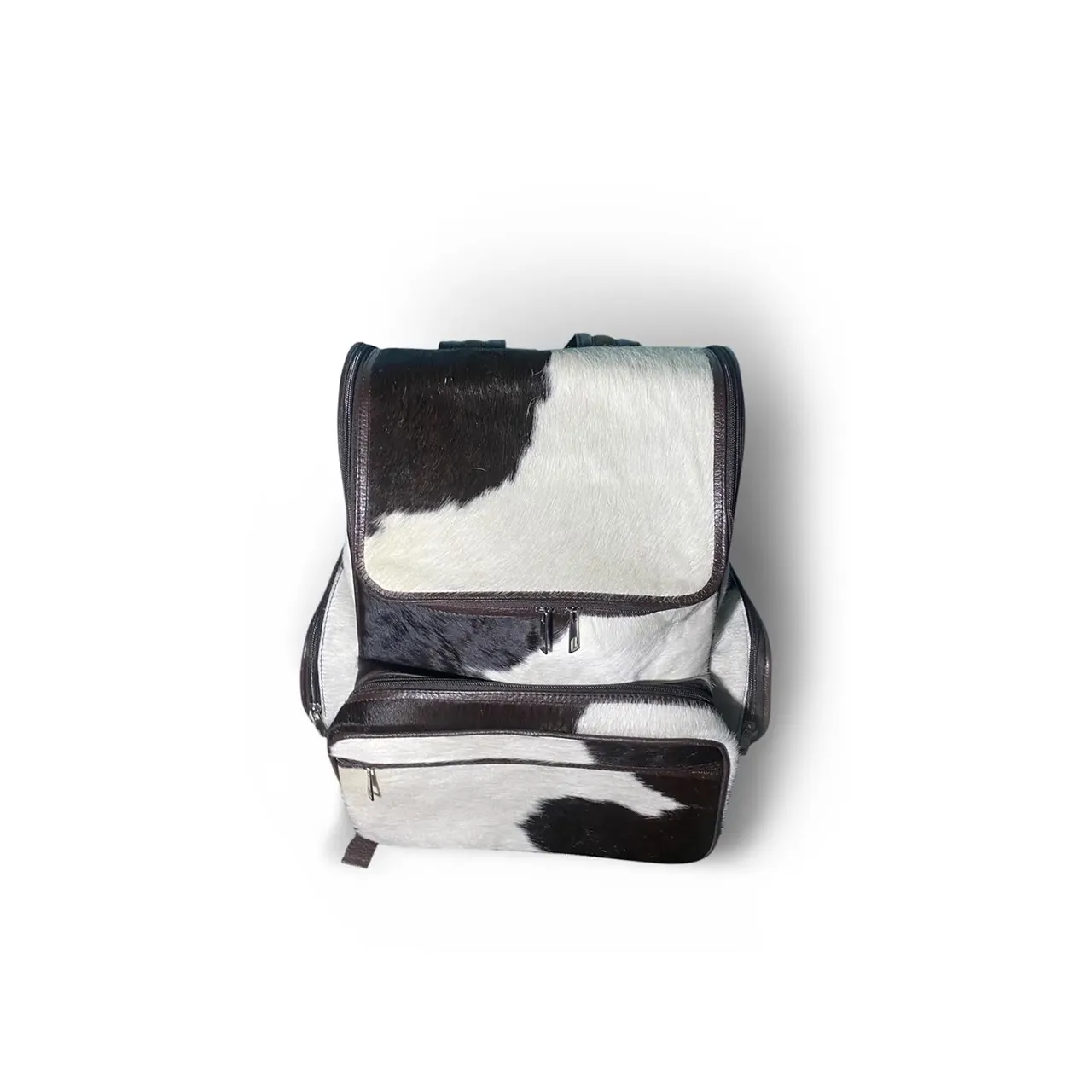 Black White Cowhide Leather Backpack Handmade Travel Bag - 4