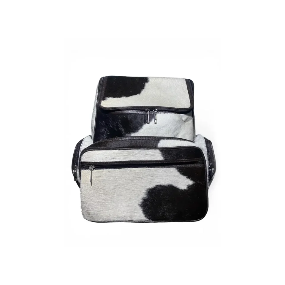 Black White Cowhide Leather Backpack Handmade Travel Bag