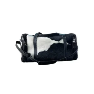 Black White Cowhide Leather Travel Duffel Bag - 2