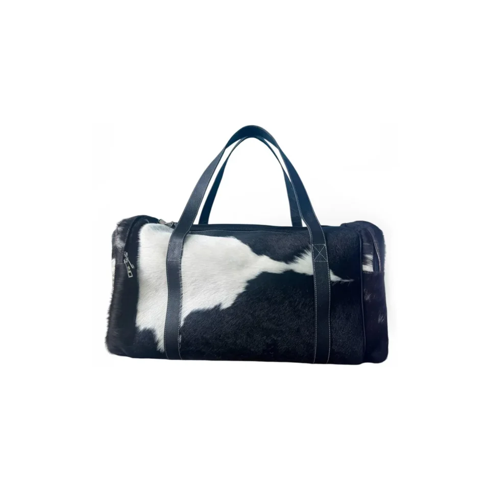 Black White Cowhide Leather Travel Duffle Bag