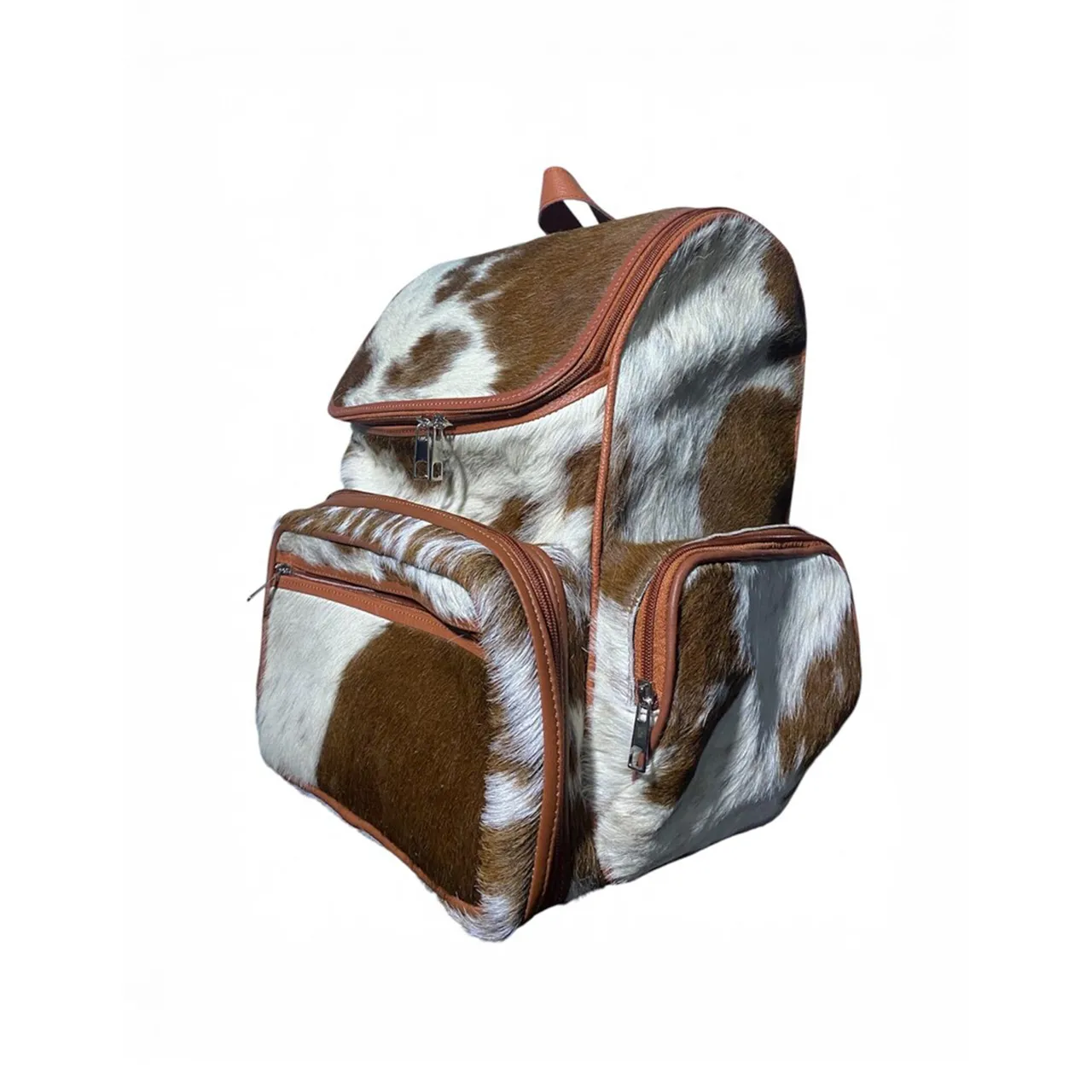 Brown White Cowhide Leather Backpack for Travel - 4