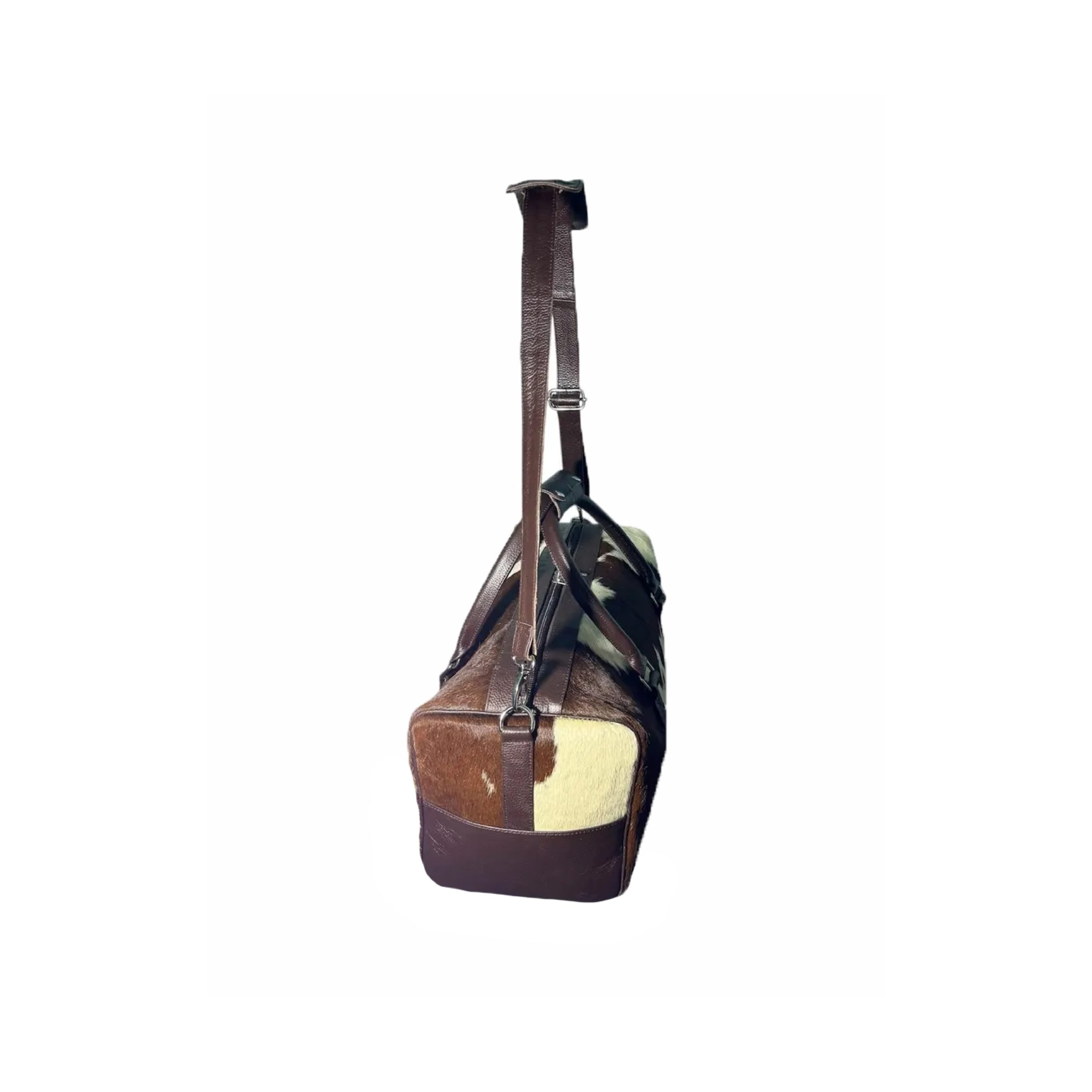 Brown & White Cowhide Leather Travel Duffle Bag - 4