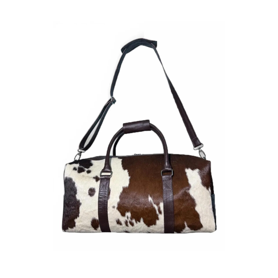 Brown & White Cowhide Leather Travel Duffle Bag - 5