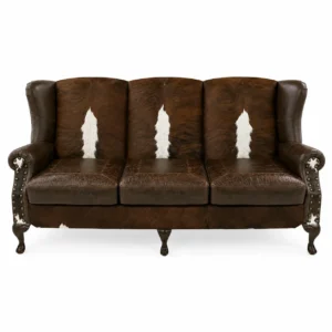 Luxury Brown Cowhide Leather 3 Seater Sofa Rustic Western Couch - 2