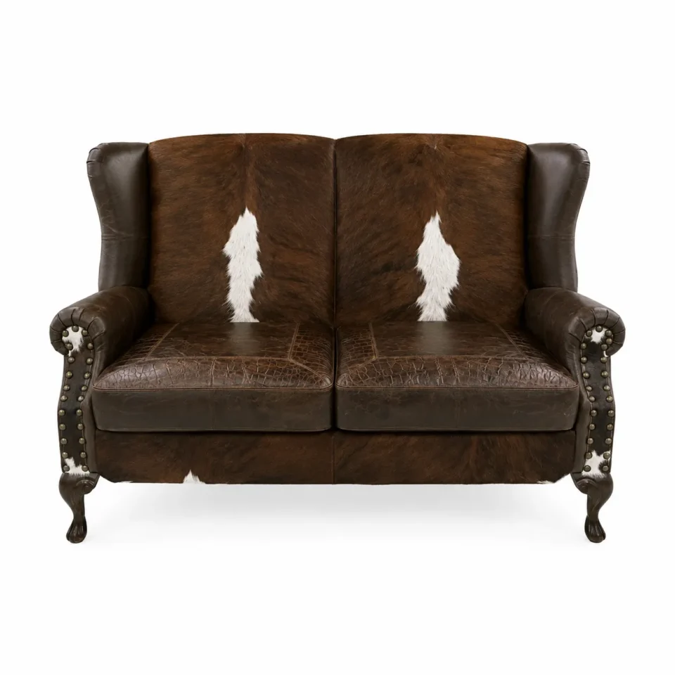 Luxury Brown Cowhide Leather 3 Seater Sofa Rustic Western Couch - 1