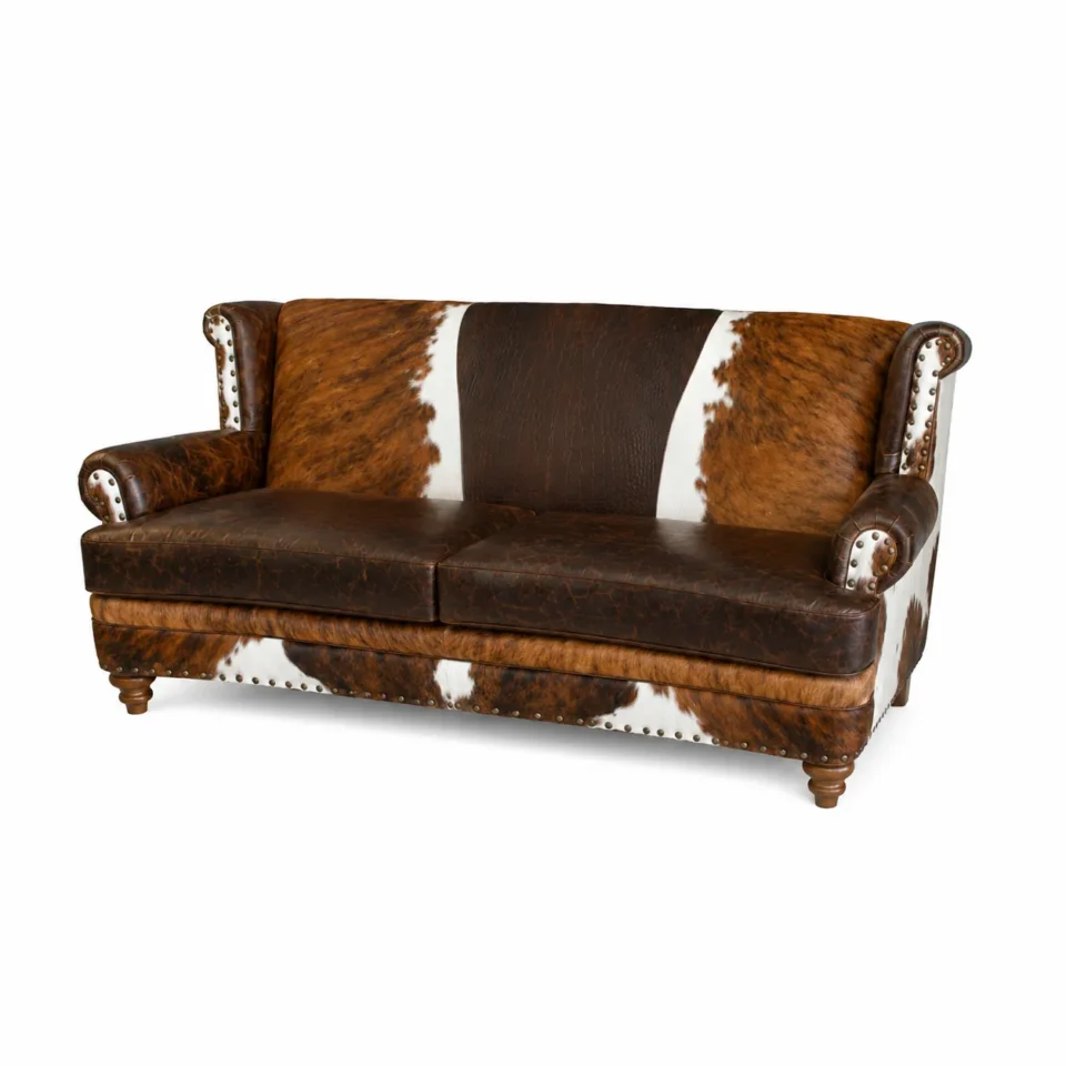 Handmade Genuine Cowhide Leather Loveseat | Rustic Western Ranch Sofa - 1