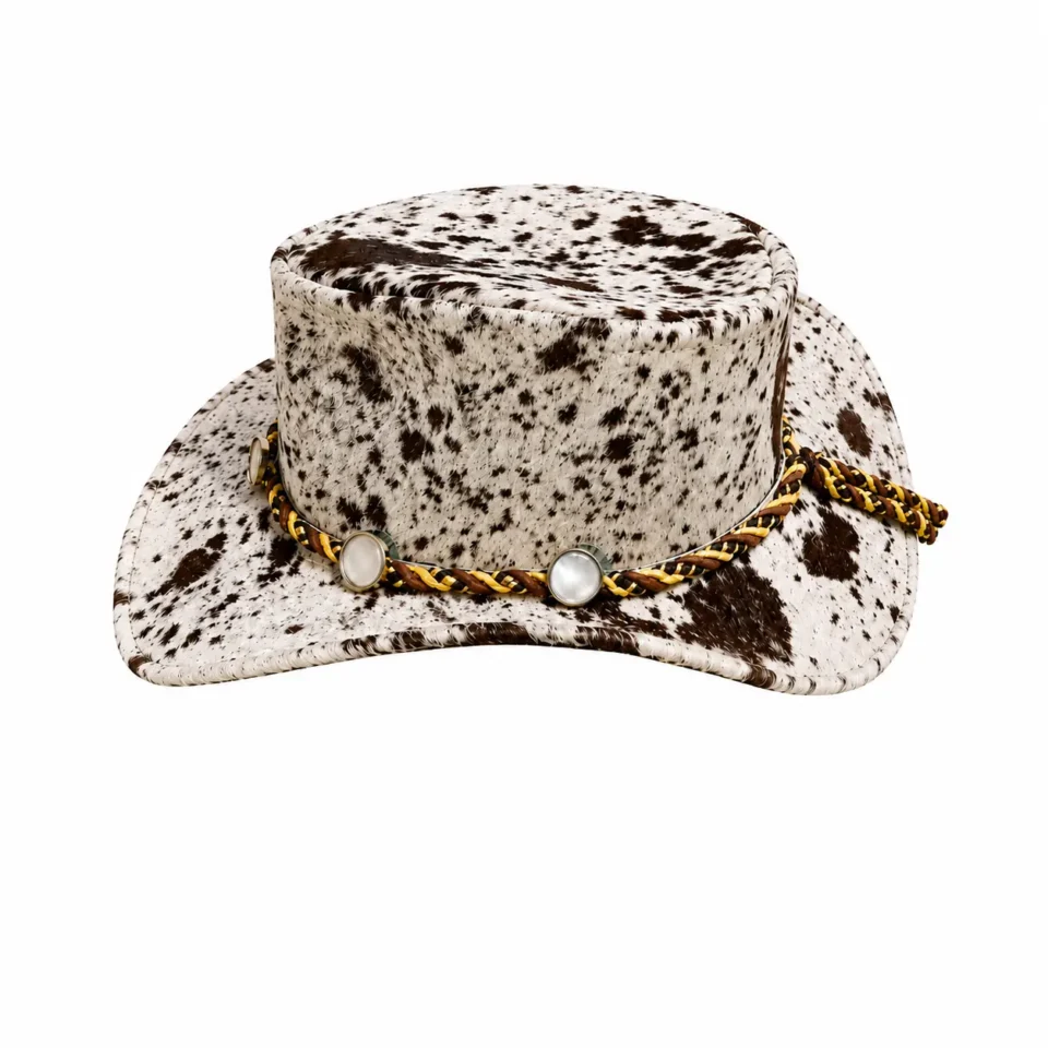 White & Brown Genuine Cowhide Cowboy Hat Handmade Western Leather Hat - 1