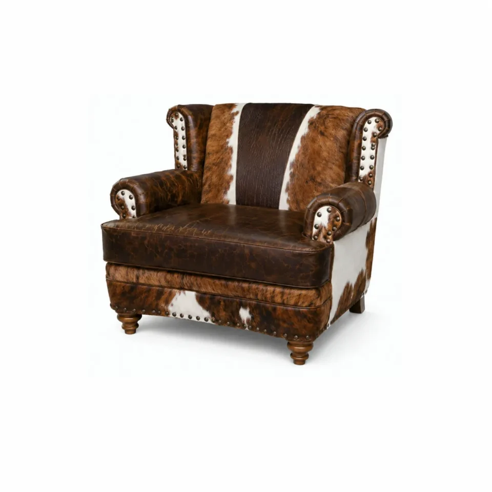 Handmade Genuine Cowhide Leather Loveseat | Rustic Western Ranch Sofa