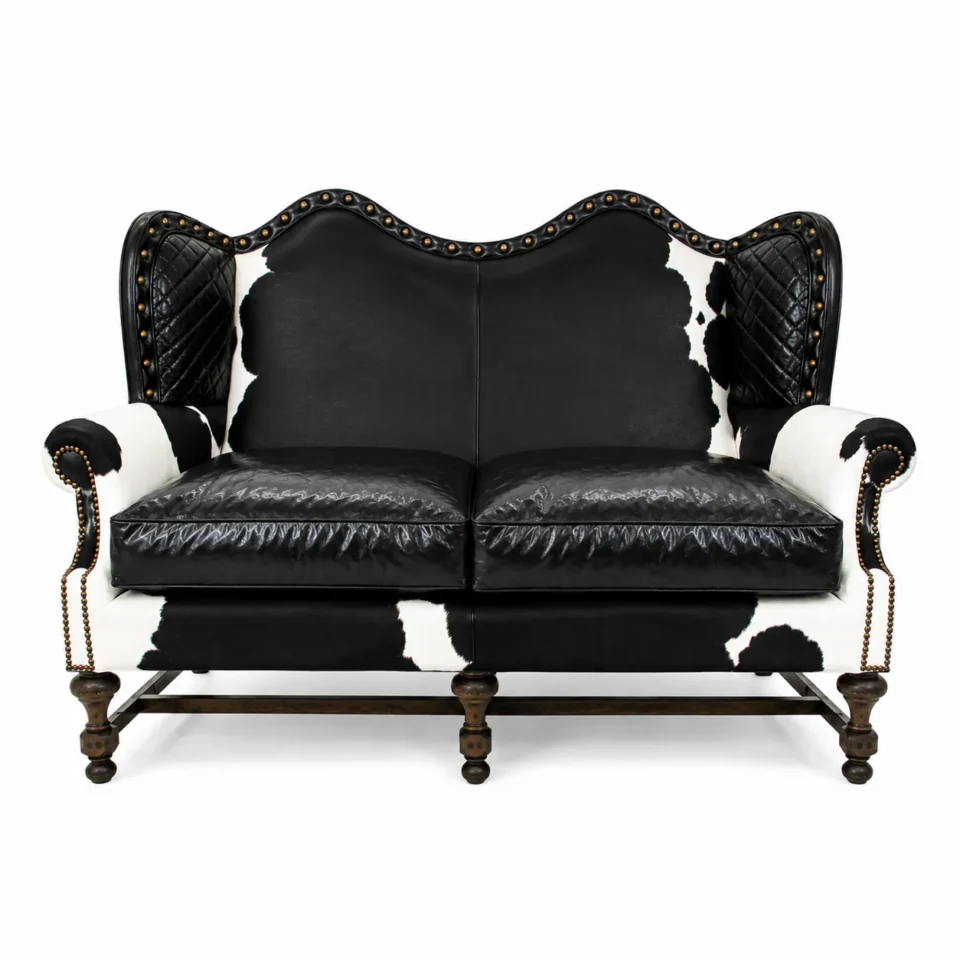 Luxury Black Cowhide Leather Loveseat Sofa | Handmade Western 2 Seater Couch - 1