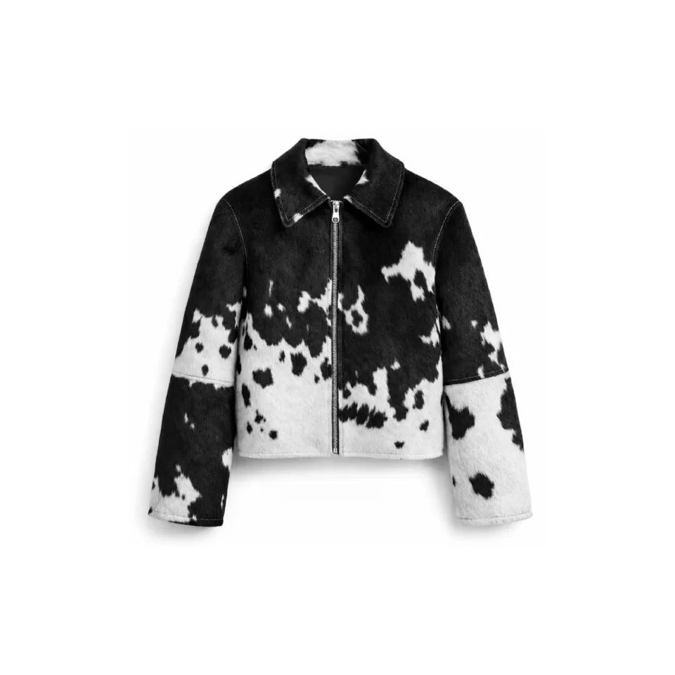 Women's Black White Cowhide Leather Jacket Genuine Hair On Hide Coat