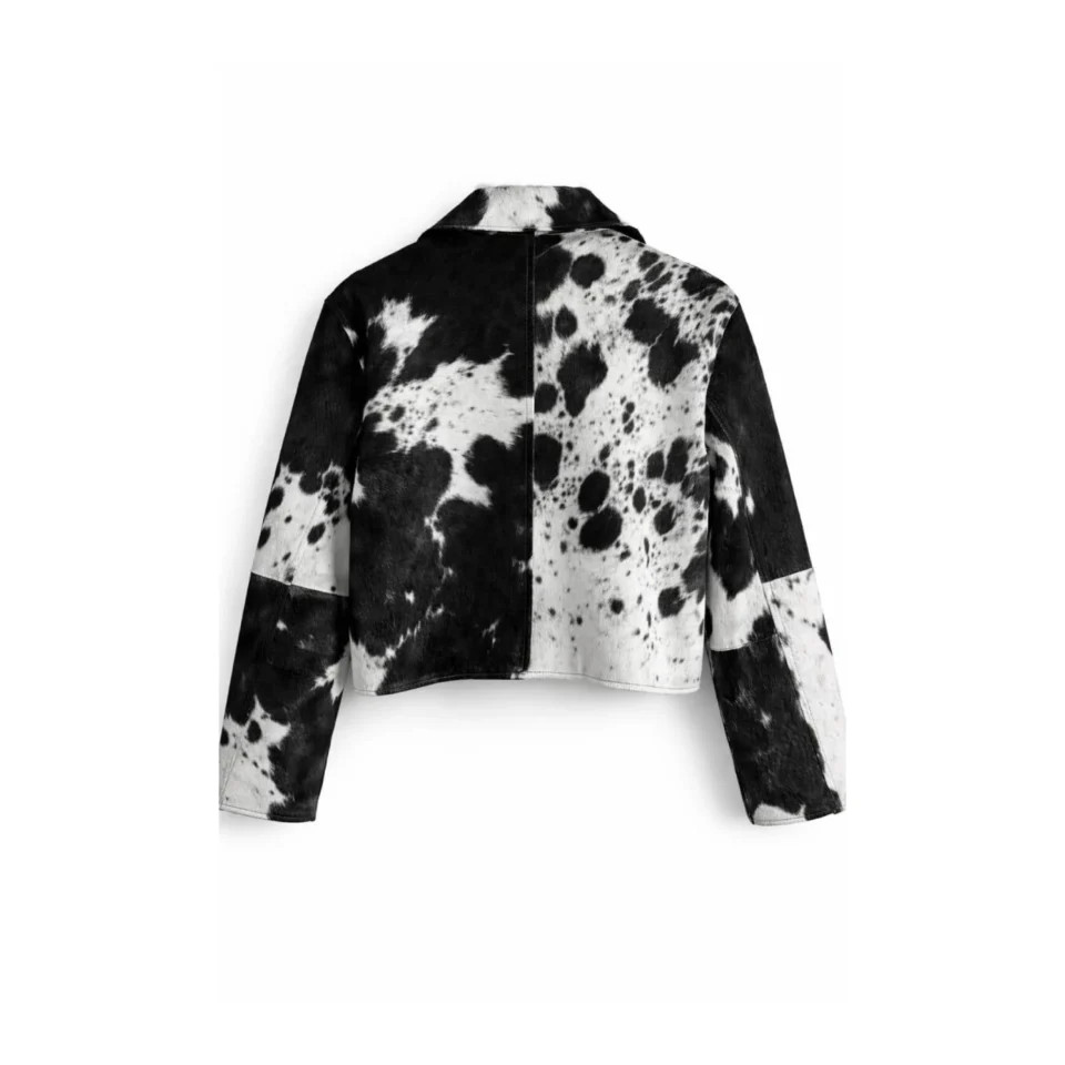Women's Black White Cowhide Leather Jacket Genuine Hair On Hide Coat - 1