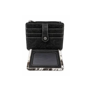 Genuine Black Cowhide Leather Card Holder Wallet with Zipper Pocket - 1