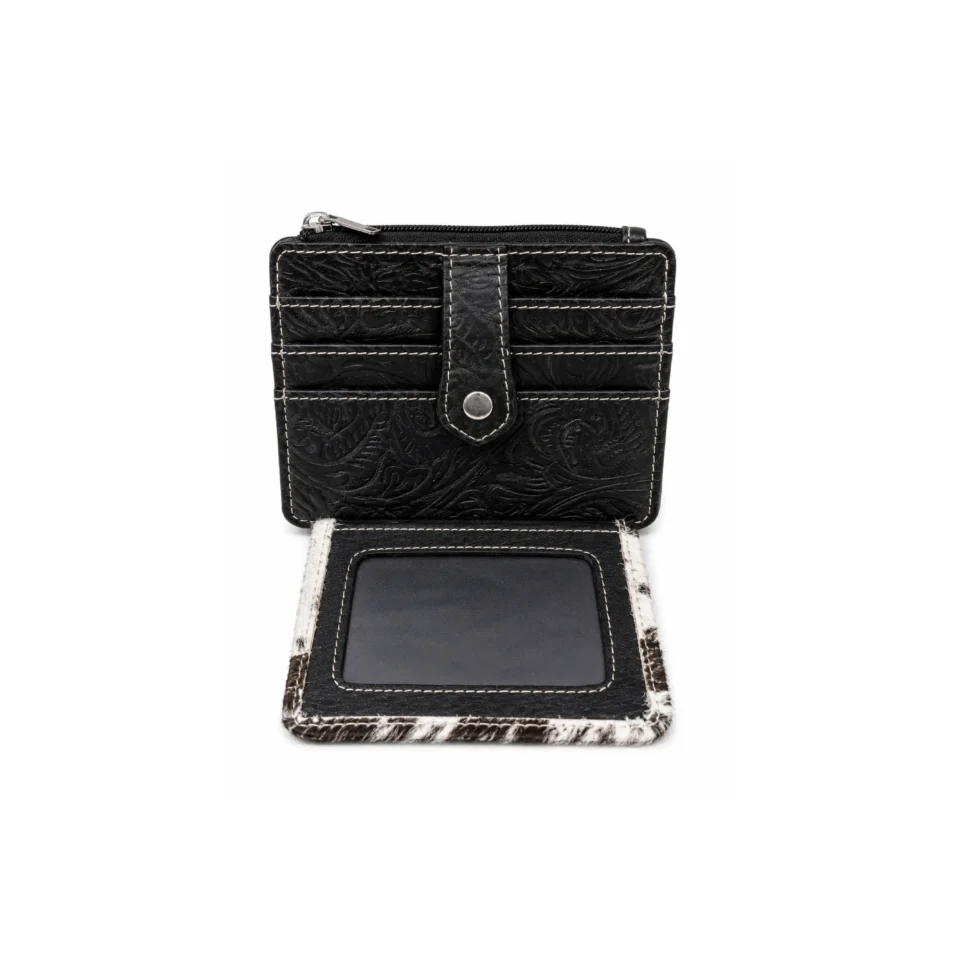 Genuine Black Cowhide Leather Card Holder Wallet with Zipper Pocket - 1