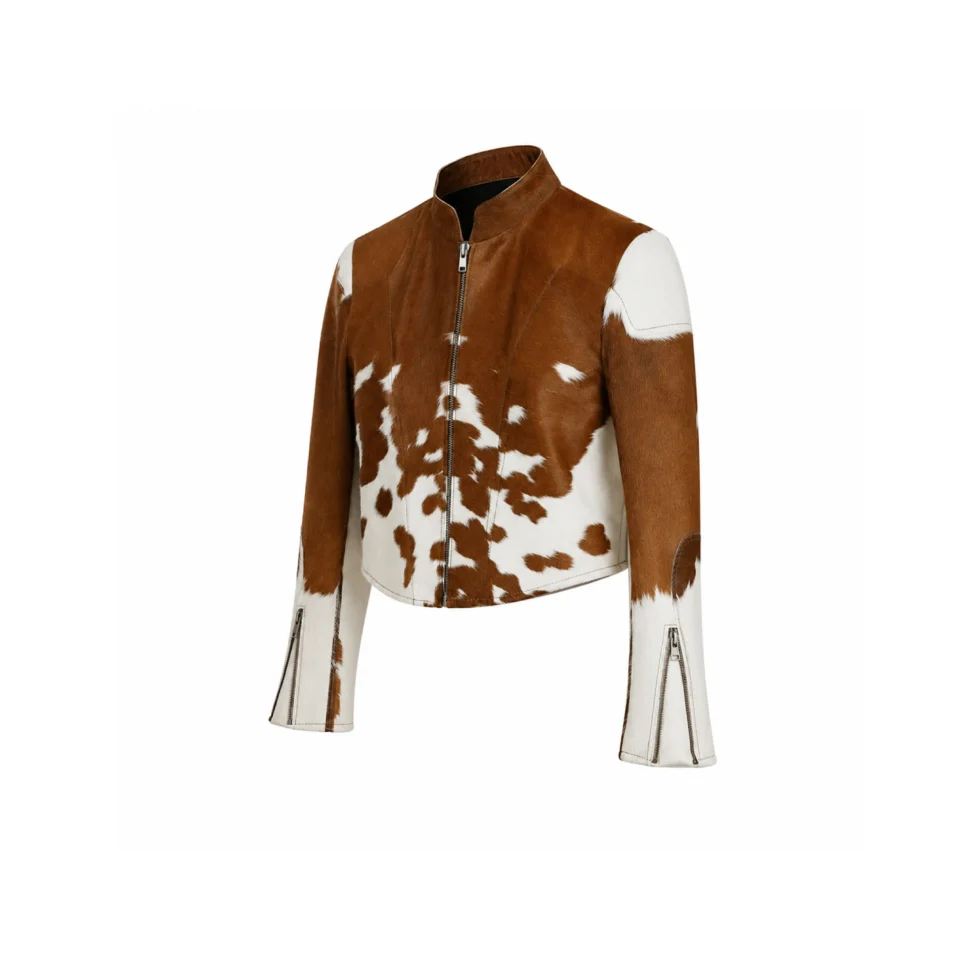 Women's Brown White Cowhide Leather Jacket Genuine Hair On Hide Zip Jacket - 1