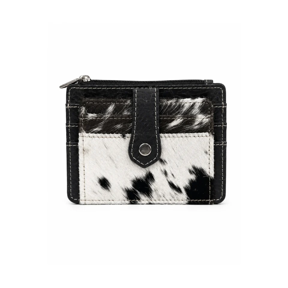 Genuine Black Cowhide Leather Card Holder Wallet with Zipper Pocket
