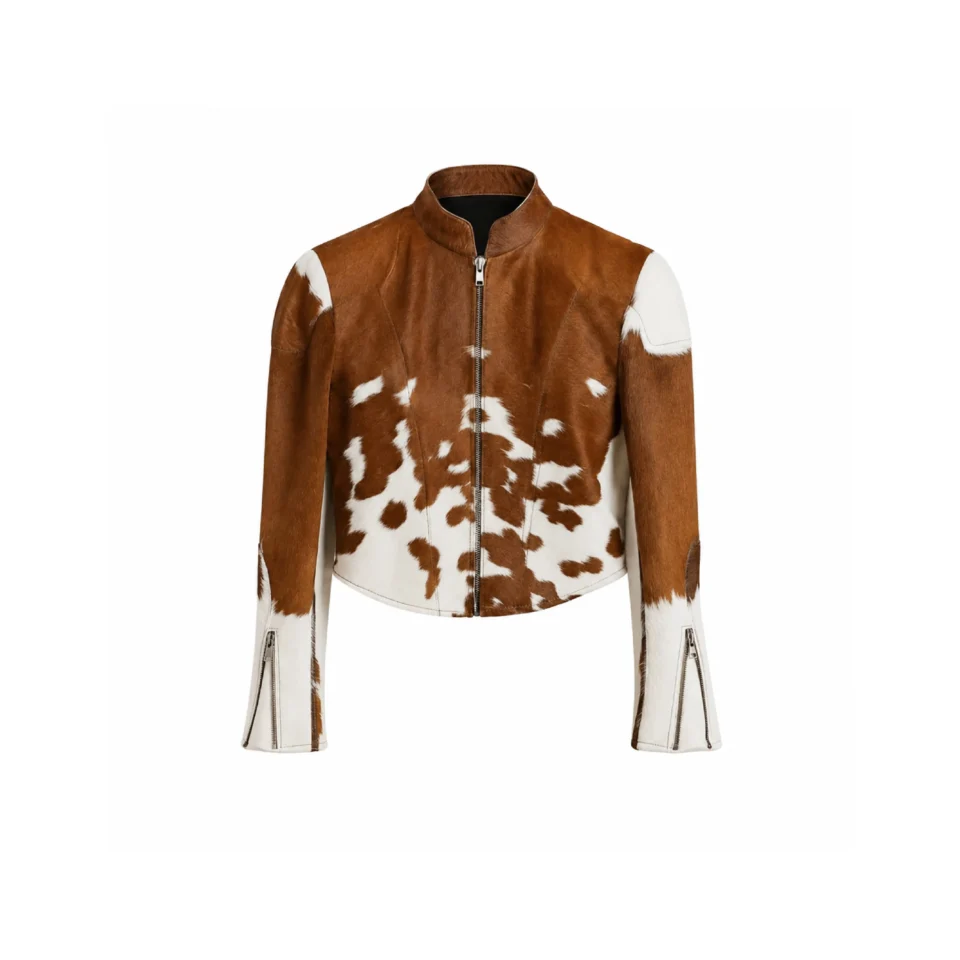 Women's Brown White Cowhide Leather Jacket Genuine Hair On Hide Zip Jacket