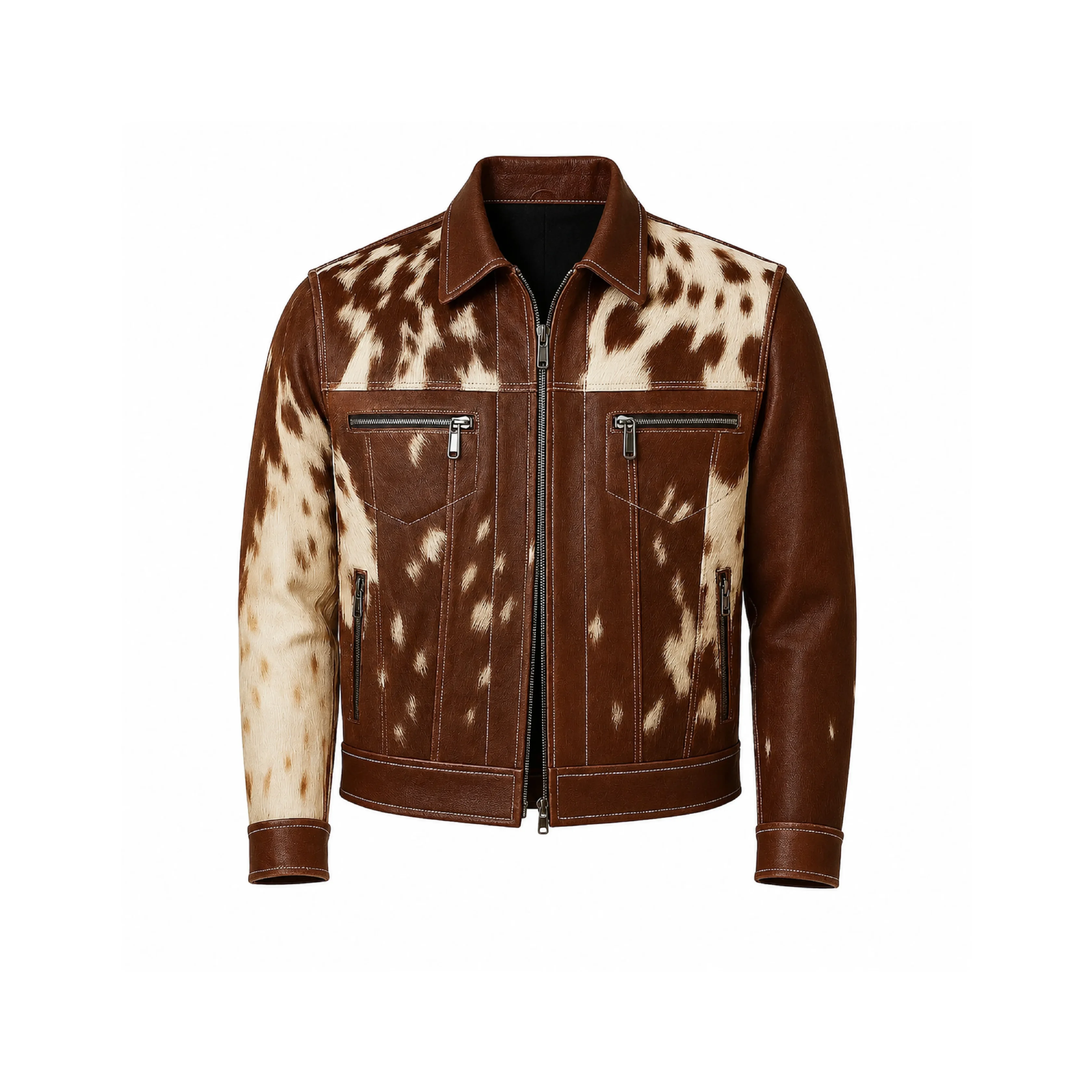 Men's Brown White Cowhide Leather Jacket Genuine Hair On Hide Trucker Jacket