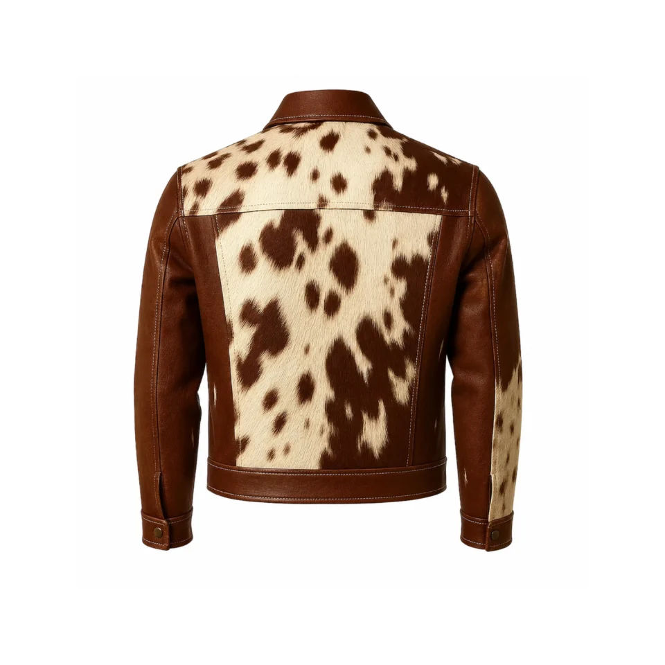 Men's Brown White Cowhide Leather Jacket Genuine Hair On Hide Trucker Jacket - 1