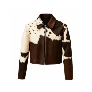 Women's Brown White Cowhide Leather Jacket Genuine Hair On Hide Zip Jacket