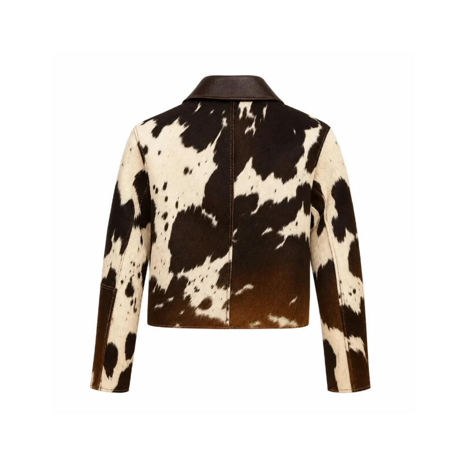 Women's Brown White Cowhide Leather Jacket Genuine Hair On Hide Zip Jacket - 1