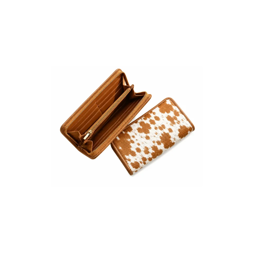 Brown & White Cowhide Zip Around Wallet For Sale - 1