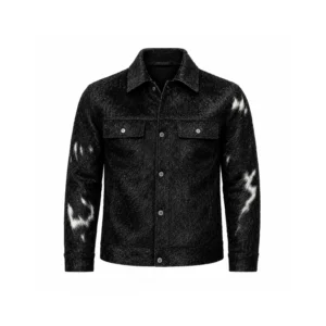 Men's Black Cowhide Leather Trucker Jacket Genuine Hair On Hide Coat