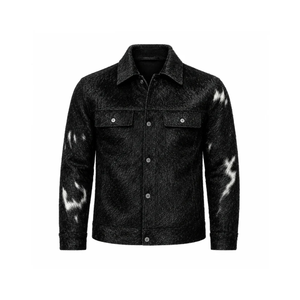 Men's Black Cowhide Leather Trucker Jacket Genuine Hair On Hide Coat