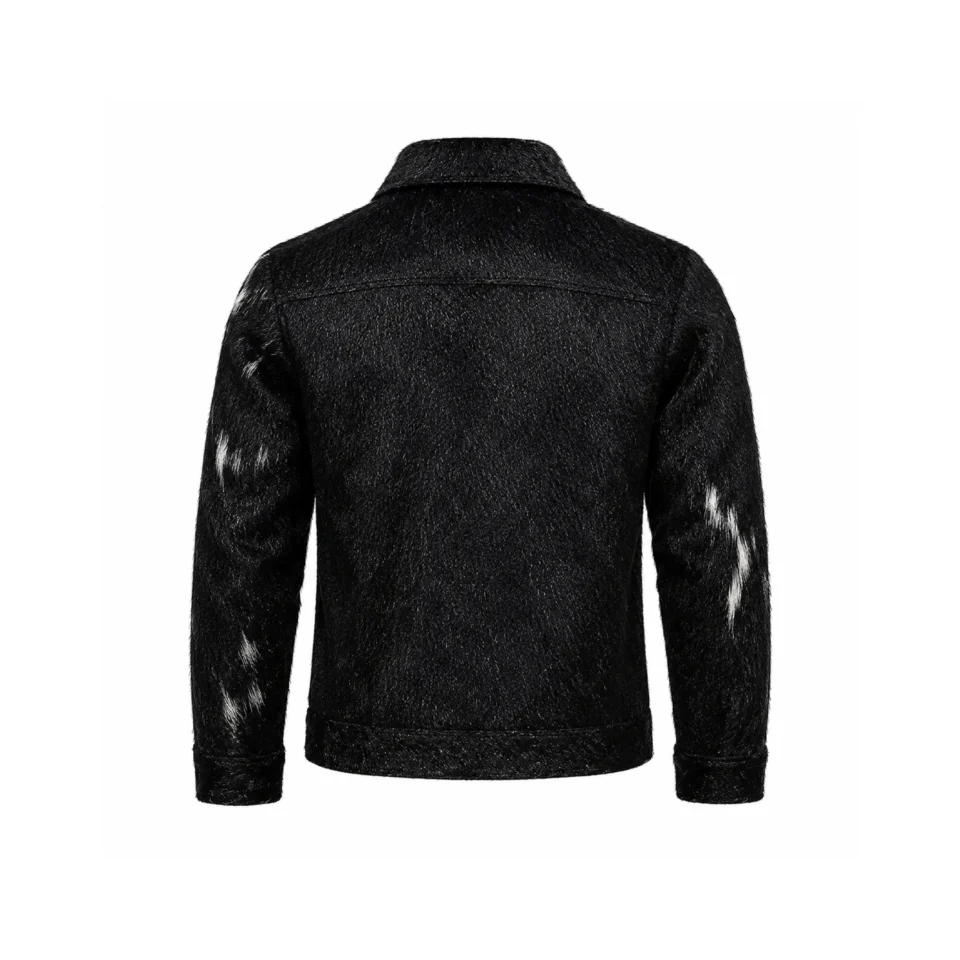 Men's Black Cowhide Leather Trucker Jacket Genuine Hair On Hide Coat - 1