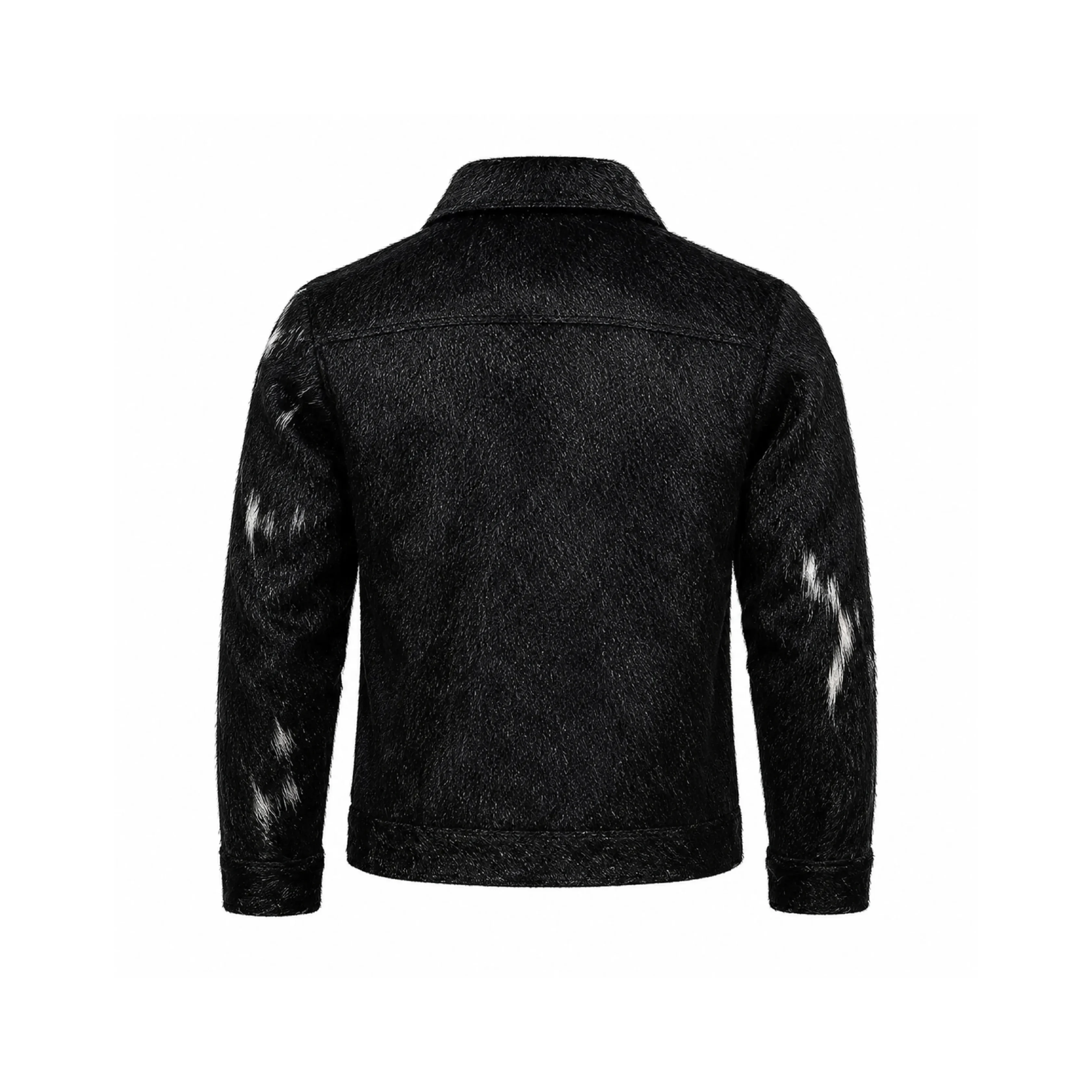 Men's Black Cowhide Leather Trucker Jacket Genuine Hair On Hide Coat - 1