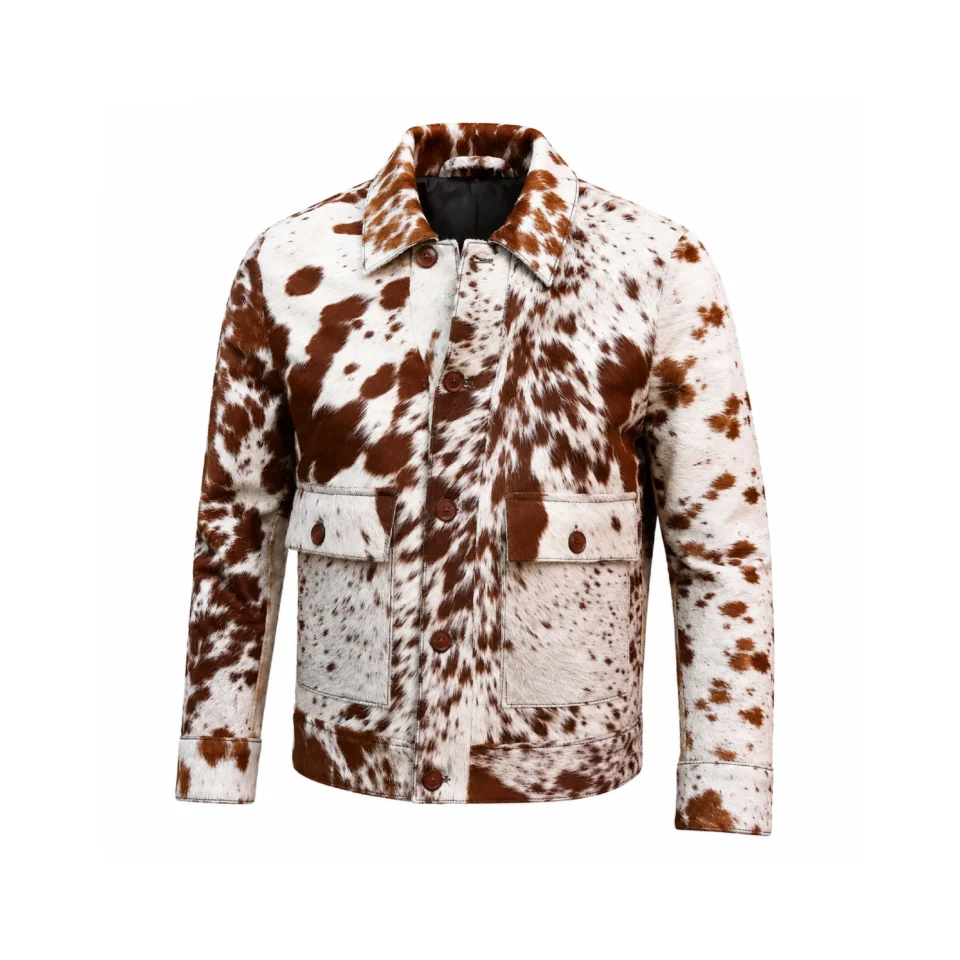 Men's Brown White Cowhide Leather Jacket - 1