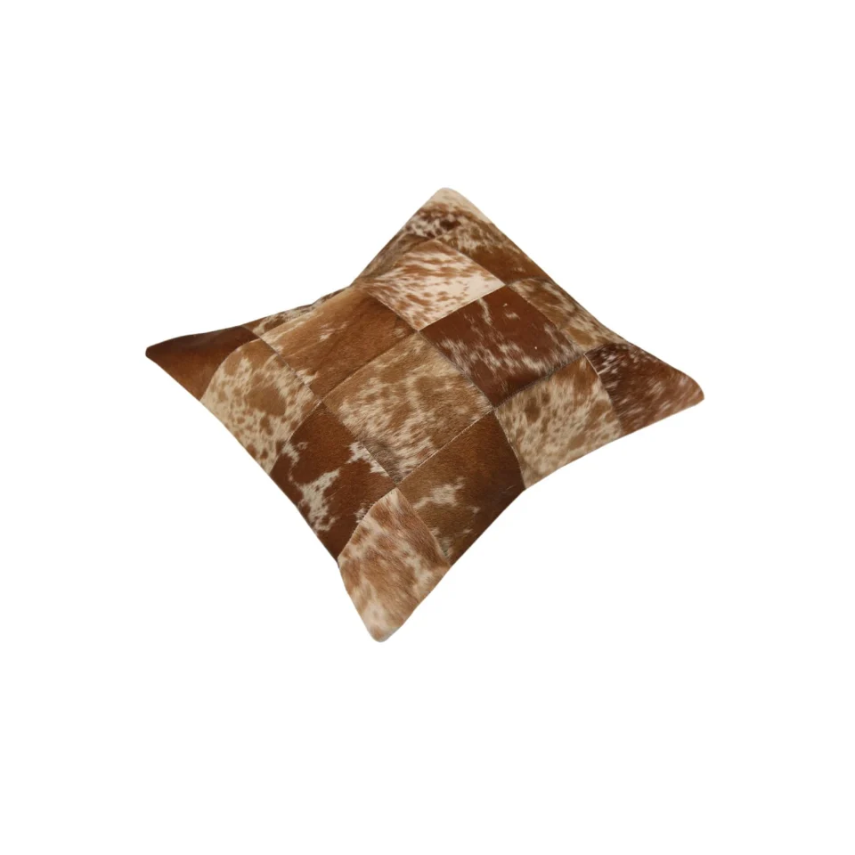 Handmade Brown Patchwork Cowhide Leather Pillow Cover - 2
