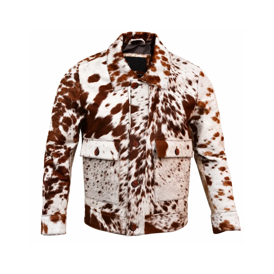 Men's Brown White Cowhide Leather Jacket