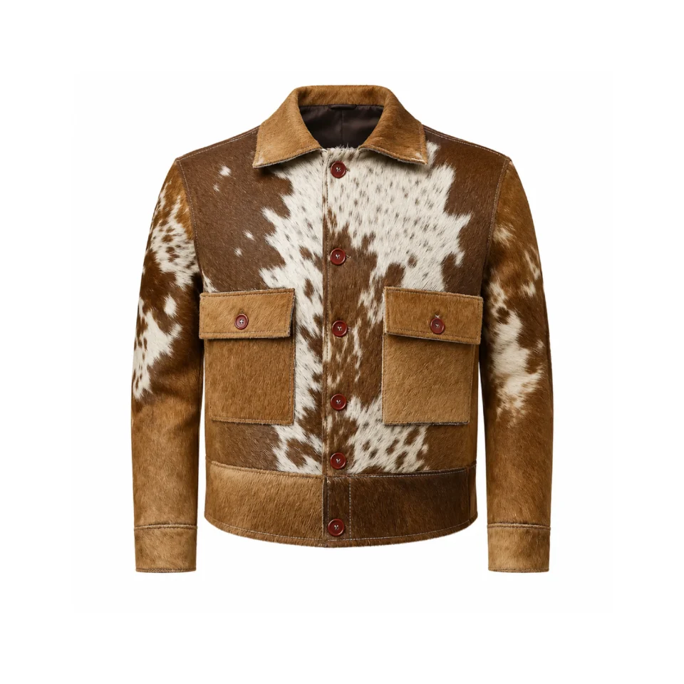 Men's Brown White Cowhide Leather Jacket