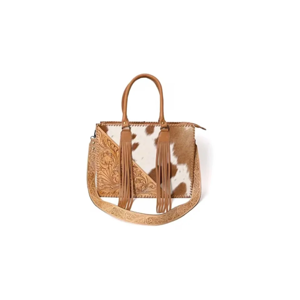 Premium Tooled Leather & Cowhide Fringe Tote Bag