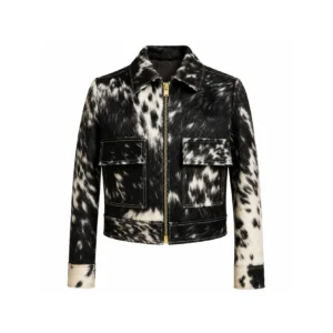 Black White Cowhide Leather Jacket for Women
