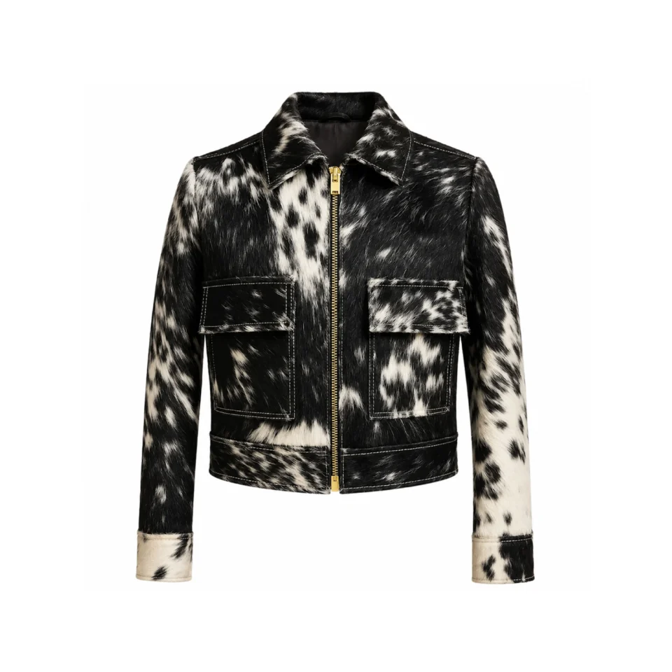 Black White Cowhide Leather Jacket for Women