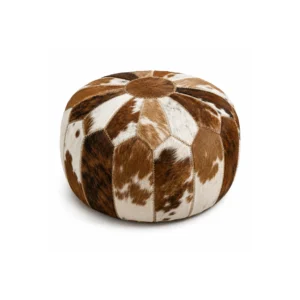 Round Brown & White Cowhide Patchwork Pouf Ottoman - 1