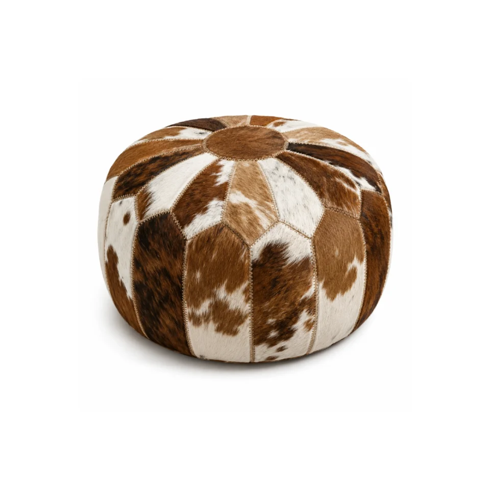 Round Brown & White Cowhide Patchwork Pouf Ottoman - 1