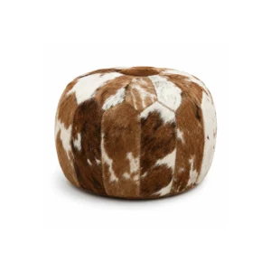 Round Brown & White Cowhide Patchwork Pouf Ottoman
