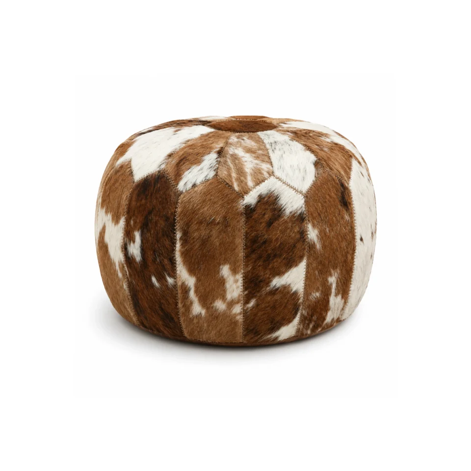 Round Brown & White Cowhide Patchwork Pouf Ottoman