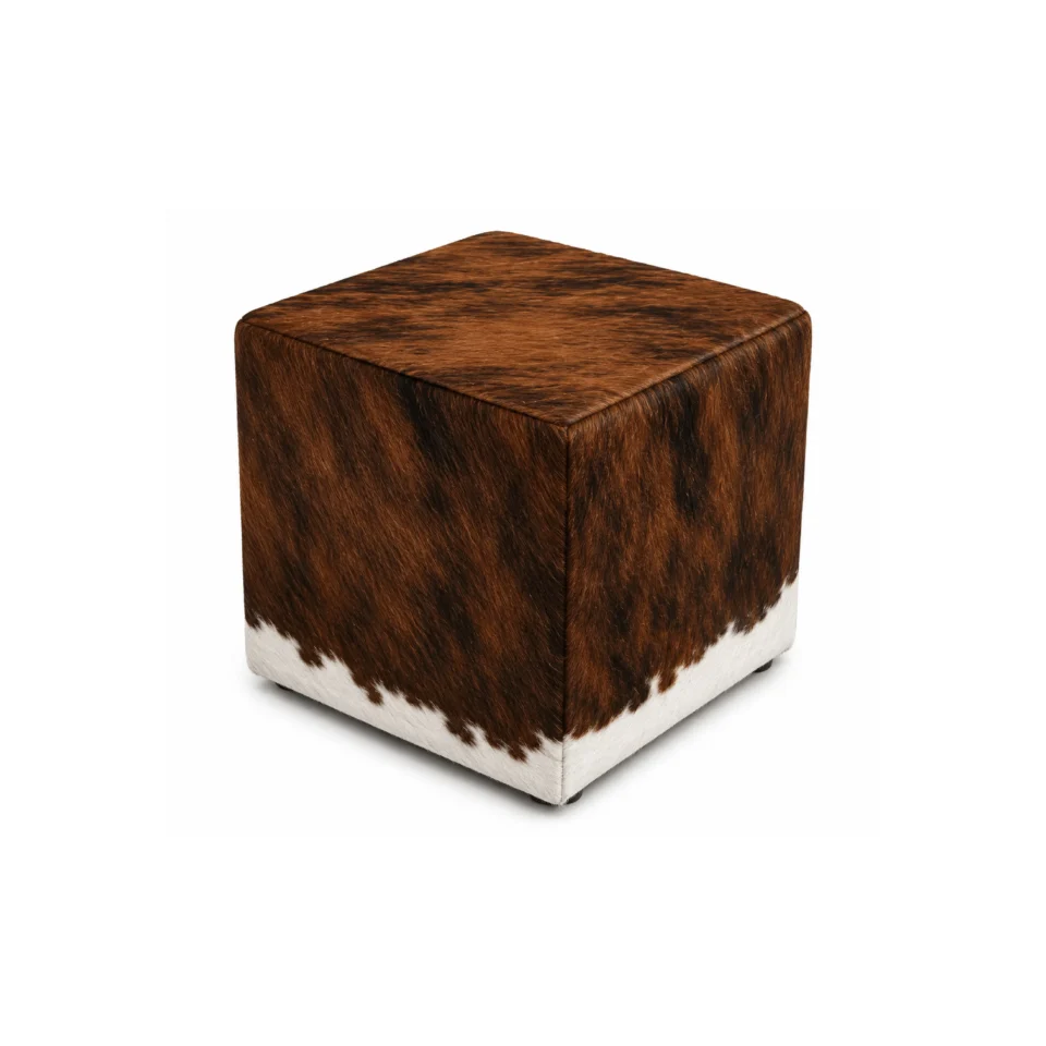 Natural Brown & White Cowhide Footstool Ottoman - 1