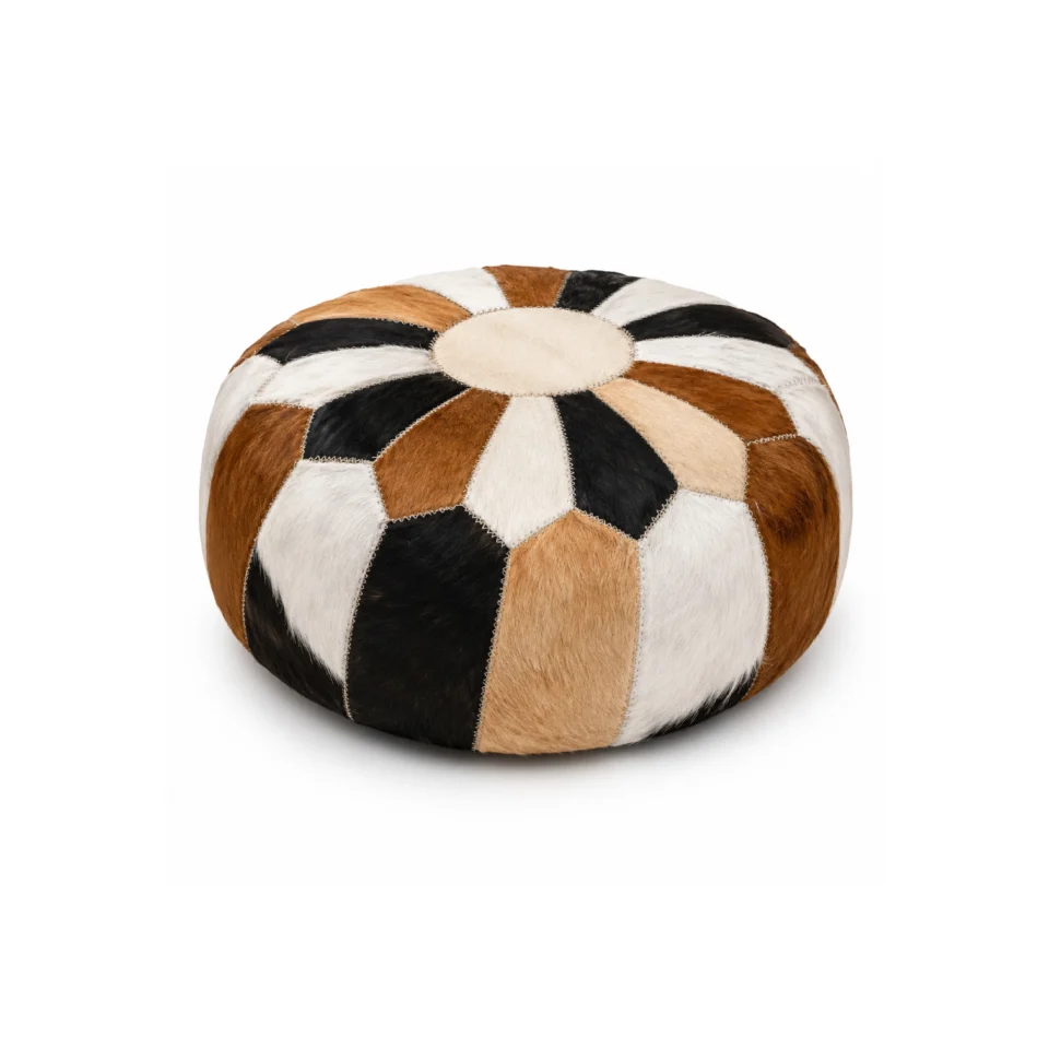 Round Patchwork Cowhide Pouf Ottoman