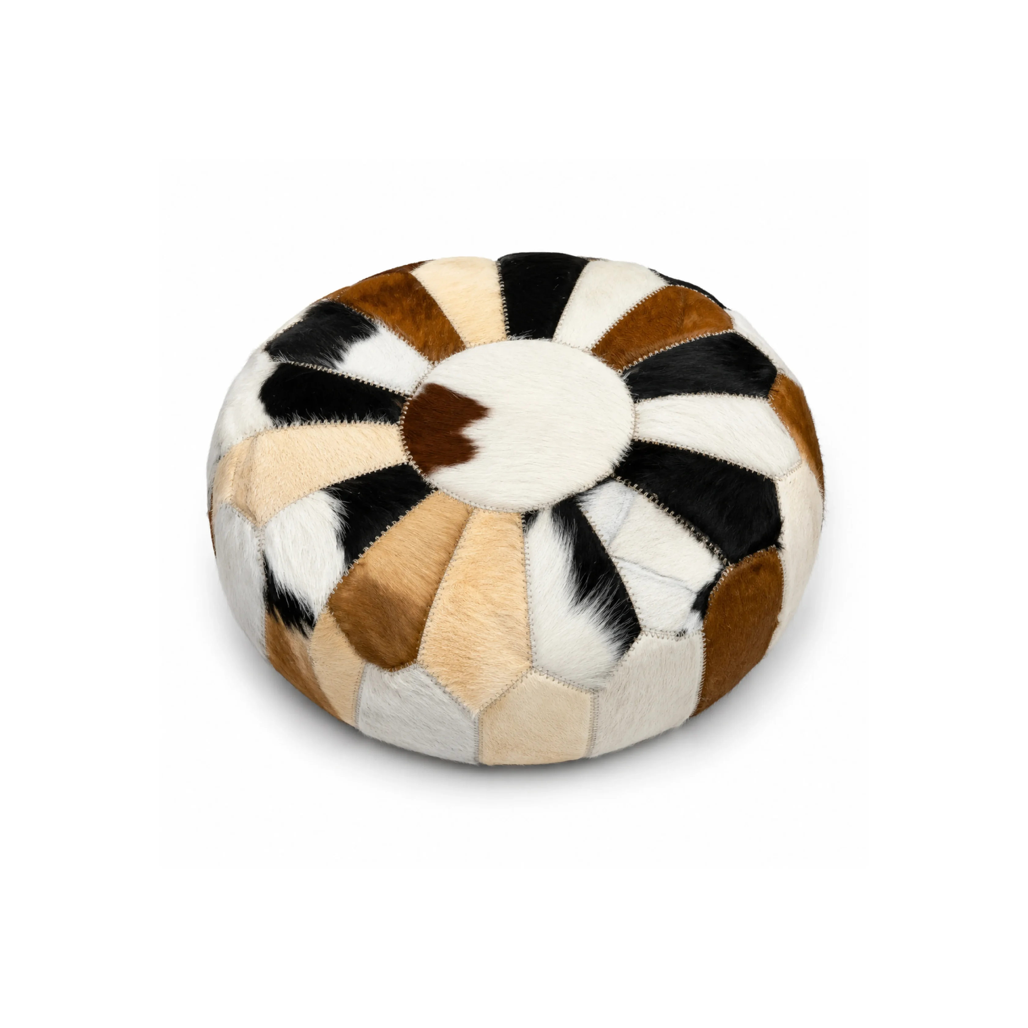 Round Patchwork Cowhide Pouf Ottoman - 1