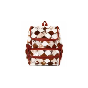 Genuine Cowhide Patchwork Backpack With Diamond Pattern