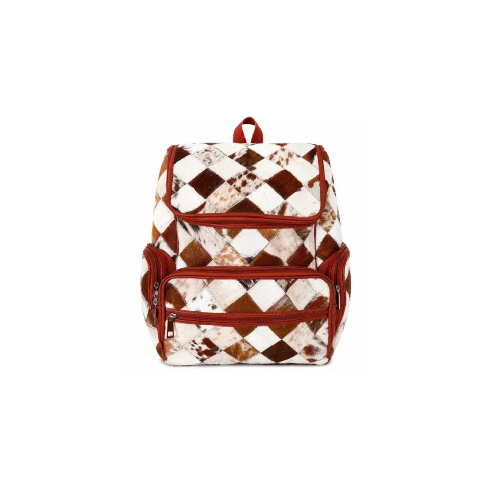 Genuine Cowhide Patchwork Backpack With Diamond Pattern