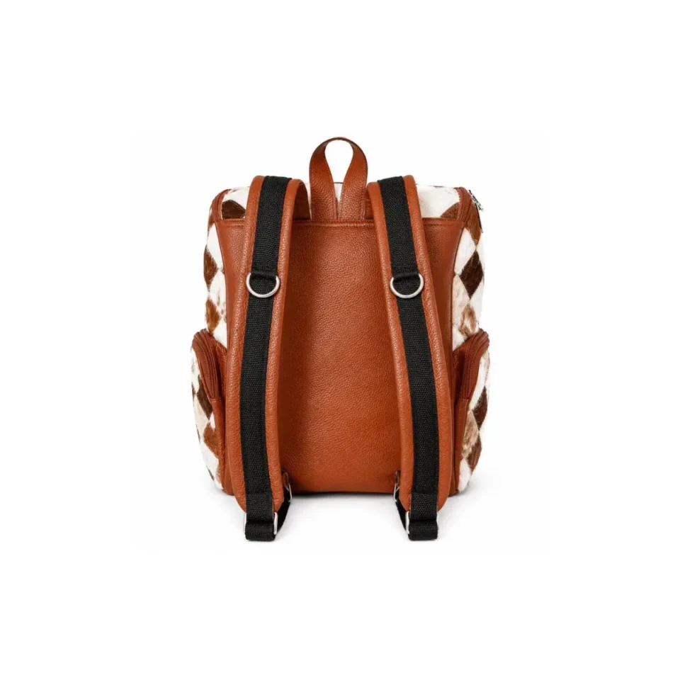 Genuine Cowhide Patchwork Backpack With Diamond Pattern - 1