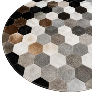 Round Hexagon Patchwork Cowhide Rug Black Brown Gray White - 2